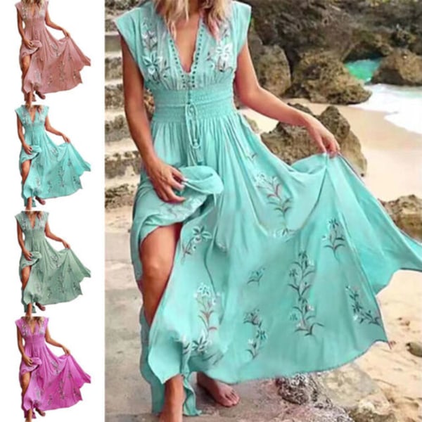Kvinnors blommiga Bohemian Neck miniklänning Beach Holiday kortärmad solklänning green L