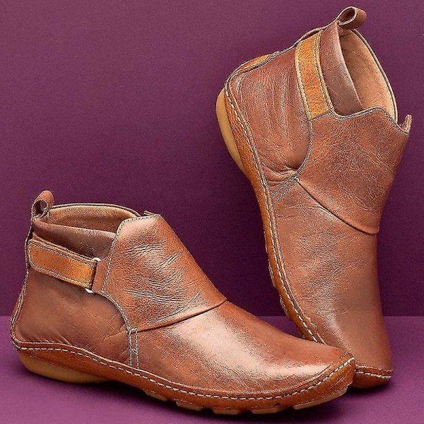Vintage Flat Boots Ankel top skor Mjuka läderboots Brown 42