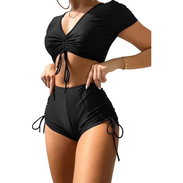 Kvinnors dragsko Ruched tvådelad baddräkt Beachwear Shorts Bikini Set Black S