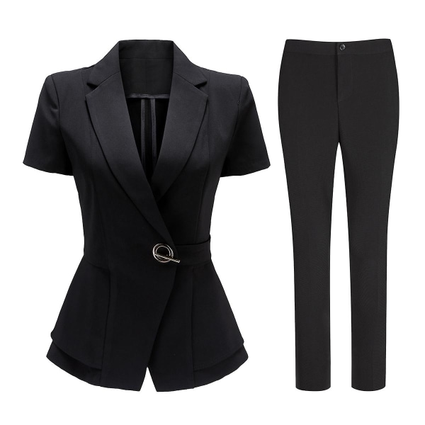 Business kontor dam slim fit kortärmad byxa set dam 2-delad enfärgad kostym Vit kostym set slim fit temperament Black L