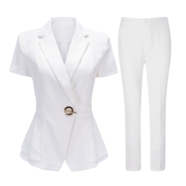 Business kontor dam slim fit kortärmad byxa set dam 2-delad enfärgad kostym Vit kostym set slim fit temperament White M