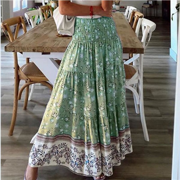 Print camisole Högmidjad kjol modern minimalistisk modell Högmidjad lång strandkjol för kvinnor Swing halvkjol bohemisk casual Green L