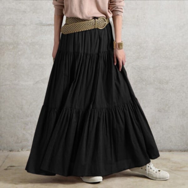 Kjol med resår i midjan Kjol A-linje dam Veckad vintage casual kjol black XL