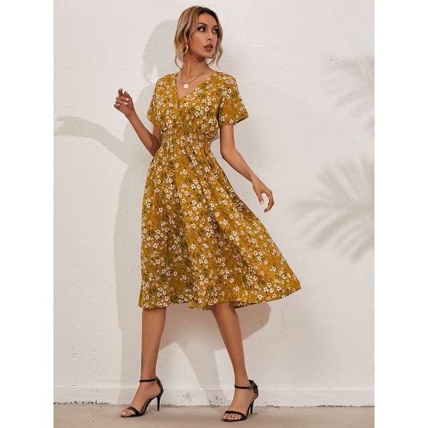 Blommig bohemisk klänning för kvinnor, kortärmad semesterklänning med V-ringad solklänning sommar, liten print , kortärmad klänning Yellow UK Size 12=XL