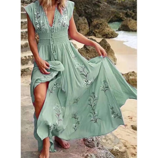 Kvinnors blommiga Bohemian Neck miniklänning Beach Holiday kortärmad solklänning light green M