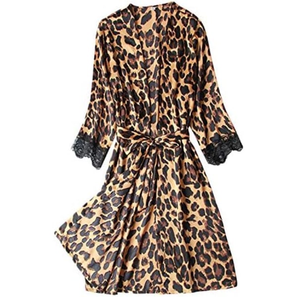 Satinpyjamas dam Spets Kimono Morgonrock Nattlinne Nattkläder Spets Leopard Morgonrock Leopard Print Large