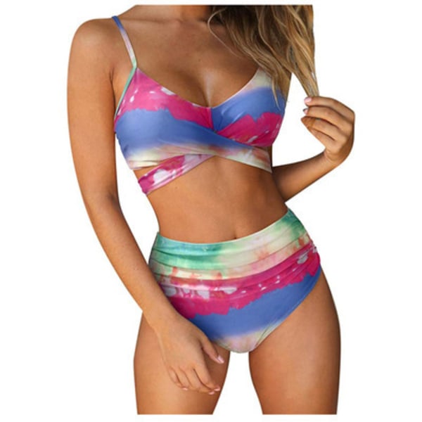 Kvinnors sexiga enfärgade print Bikini set Push-up baddräkt hög midja baddräkt rainbow XL