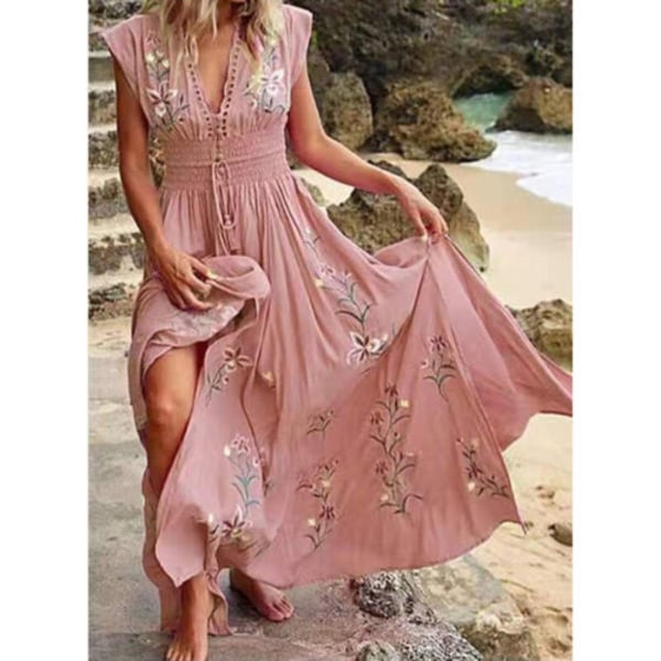 Kvinnors blommiga Bohemian Neck miniklänning Beach Holiday kortärmad solklänning pink M