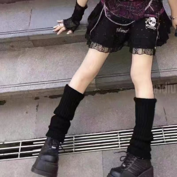 Vinterstickad virkad stickad benvärmare leggingstövel för kvinnor black 40cm