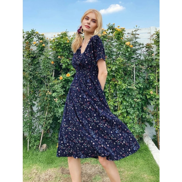 Blommig bohemisk klänning för kvinnor, kortärmad semesterklänning med V-ringad solklänning sommar, liten print , kortärmad klänning Navy Blue UK Size 10=L