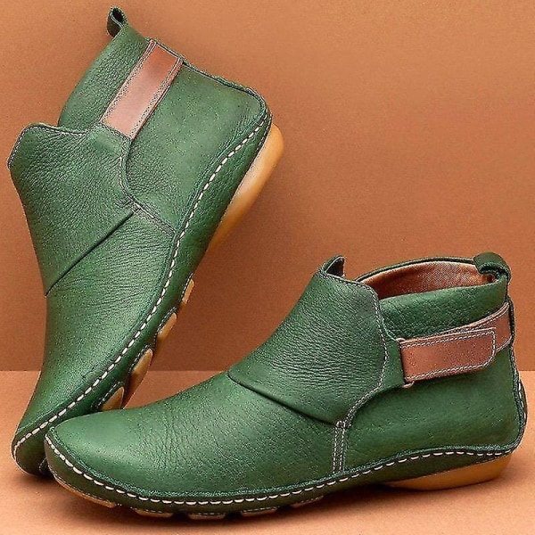 Vintage Flat Boots Ankel top skor Mjuka läderboots Green 37