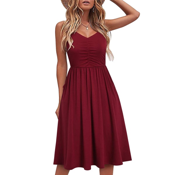 Sommarklänning för damer Sexig printed casual ärmlös klänning wine red M