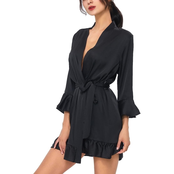 Kvinnors kimonorock Sexig V-hals sovkläder Kort satin Pure Short Silky Robes Black S