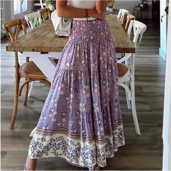 Print camisole Högmidjad kjol modern minimalistisk modell Högmidjad lång strandkjol för kvinnor Swing halvkjol bohemisk casual Purple S