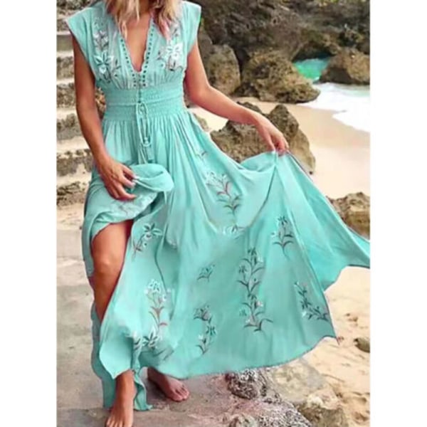 Kvinnors blommiga Bohemian Neck miniklänning Beach Holiday kortärmad solklänning green L