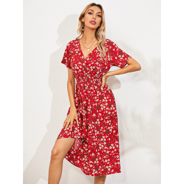 Blommig bohemisk klänning för kvinnor, kortärmad semesterklänning med V-ringad solklänning sommar, liten print , kortärmad klänning Red UK Size 6=S