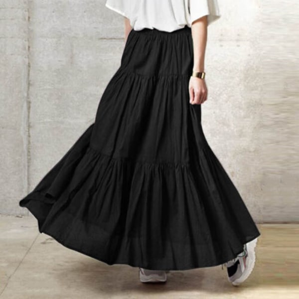 Kjol med resår i midjan Kjol A-linje dam Veckad vintage casual kjol black 3XL