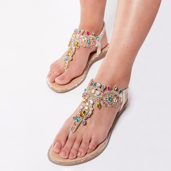 Platta jelly-sandaler för damer, flickor, bakre tådiameter för kvinnor, sommarstrandflipflops Gold+Colorful Diamond 36