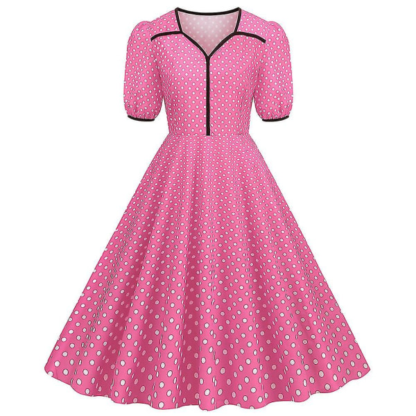 Dam 50-tal Retro Polka Dots Klänning Hepburn stil Festklänningar Vintage kortärmad V-hals svängklänning Pink S