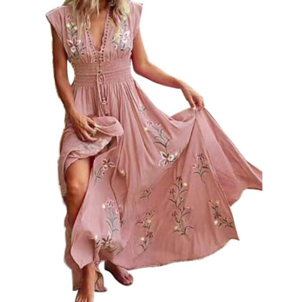 Kvinnors blommiga Bohemian Neck miniklänning Beach Holiday kortärmad solklänning pink M