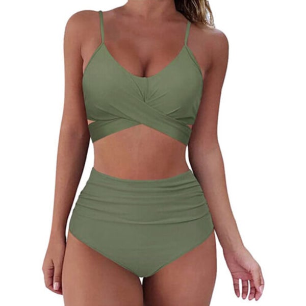 Kvinnors sexiga enfärgade print Bikini set Push-up baddräkt hög midja baddräkt green M