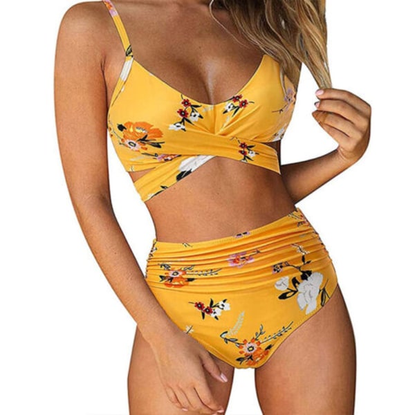 Kvinnors sexiga enfärgade print Bikini set Push-up baddräkt hög midja baddräkt yellow XL