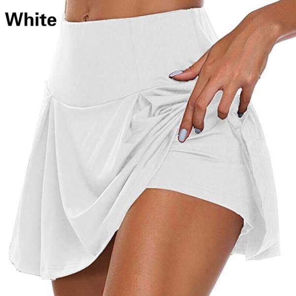 Kvinnors plisserade mini hög midja tenniskjol Shorts Sport Fitness Reseshorts Solida falska tvådelade byxor Halvkjol för kvinnor White S