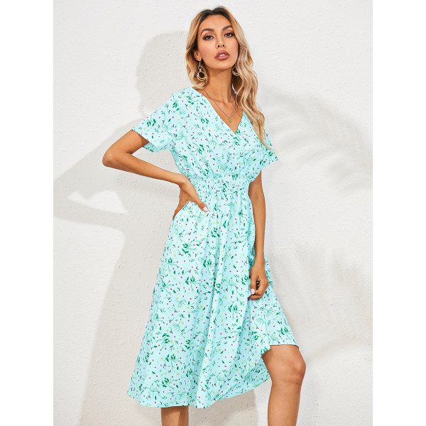 Blommig bohemisk klänning för kvinnor, kortärmad semesterklänning med V-ringad solklänning sommar, liten print , kortärmad klänning Blue UK Size 10=L