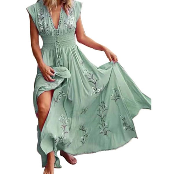 Kvinnors blommiga Bohemian Neck miniklänning Beach Holiday kortärmad solklänning light green L