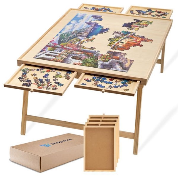 Luksus træ puslespil bord – Foldbart puslespilsgrafik med 4 opbevaringsskuffer, bærbart 1000-1500 brikker til voksne og Flerfärgad