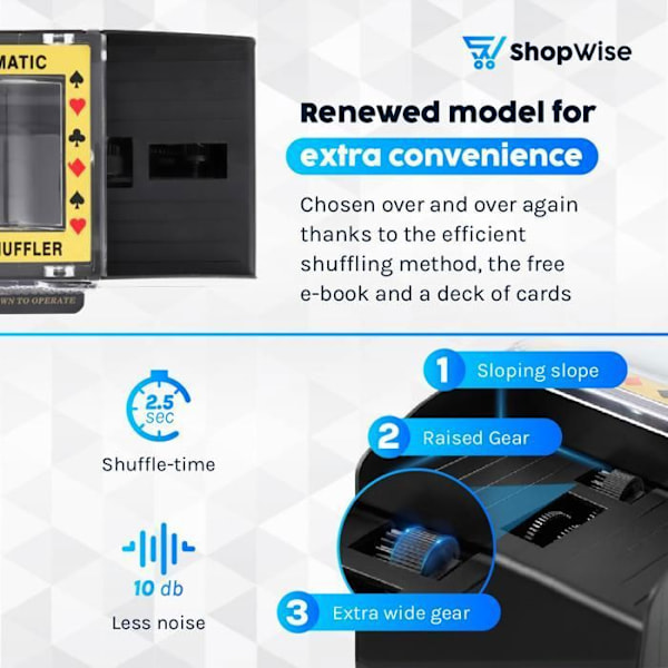 ShopWise automatisk kortblander – batteridrevet elektronisk kortblander med gratis spillekort og Svart