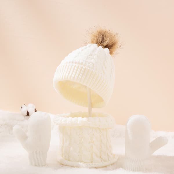 Beanie Hat Handskar Set *Pom Pom Bobble Hat Color Woolen Hats.k White
