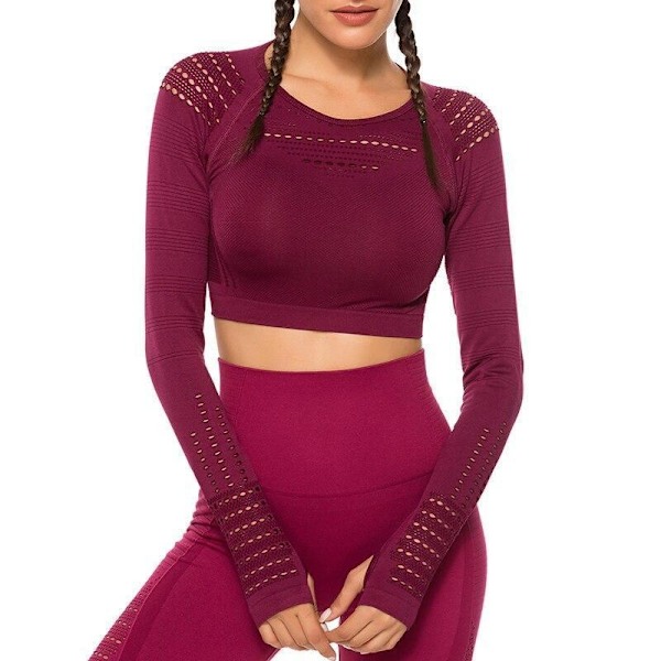 Vin röd Crop Top seamless med långa armar. Vin, röd L
