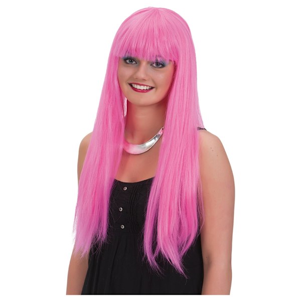 Lång Rosa Peruk med Lugg Pink one size