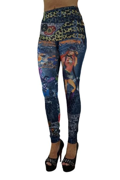 Jeansleggings med tryckt mönster Blå one size