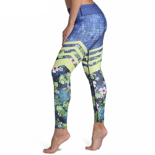 Blå Yoga Leggings med Löv och Blommor Small Blue S