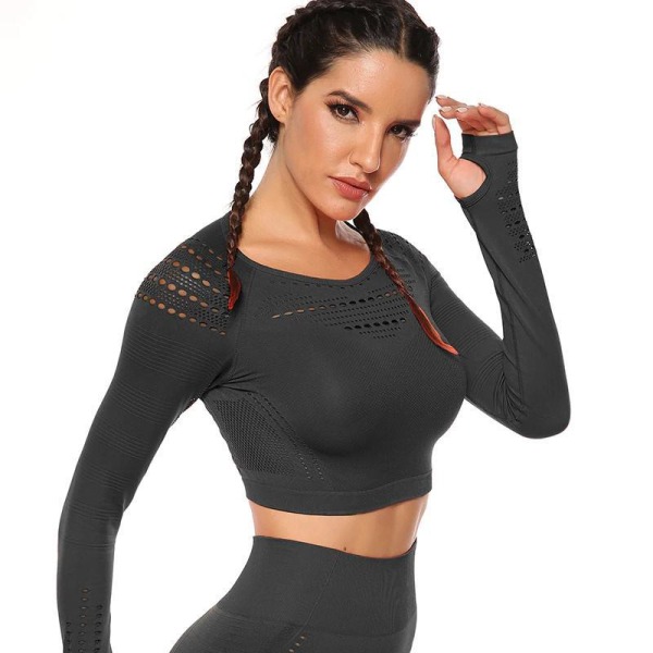 Svart Crop Top seamless med långa armar. Black S