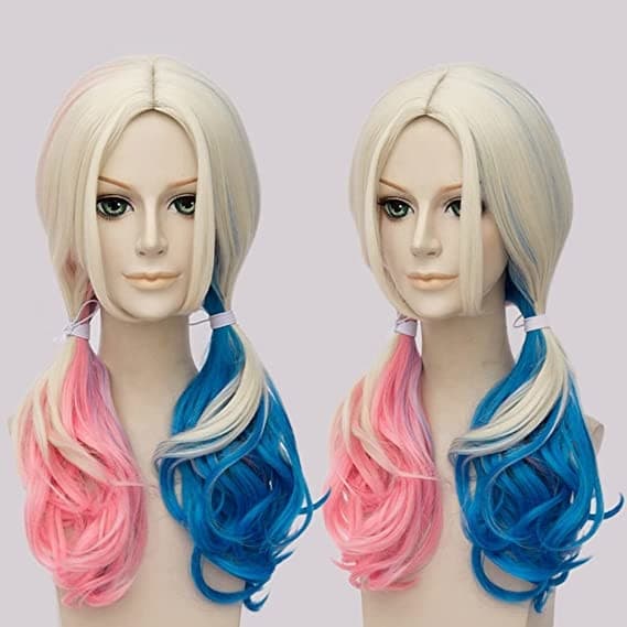 Harley Quinn Rosa Blå Lång Lockig Peruk Maskeraddräkt Multicolor one size