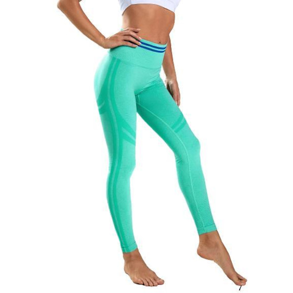 Seamless Sport Yoga Gröna Leggings med blå ränder Green S