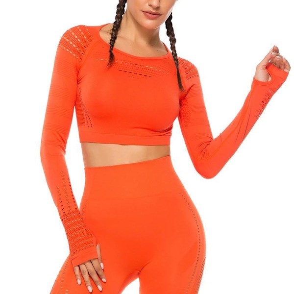 Orange Crop Top seamless med långa armar. Small Orange S