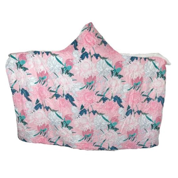 Plystæppe Tæppe med hætte Pink med blomster ca 200 cm x ca 150 cm Pink one size