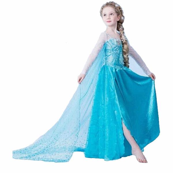 Elsa Prinsess klänning med långt släp Blue 110 cl