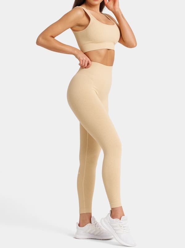 YogatightsTräningstights Ribbade Tights Beige M