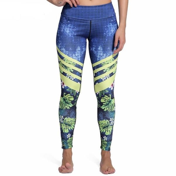 Blå Yoga Leggings med Löv och Blommor Small Blue S