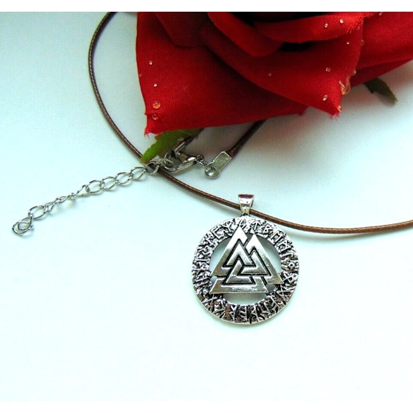 Valknut Wotan Knut Läderhalsband Viking Thor 3 Triangel Silver grey one size