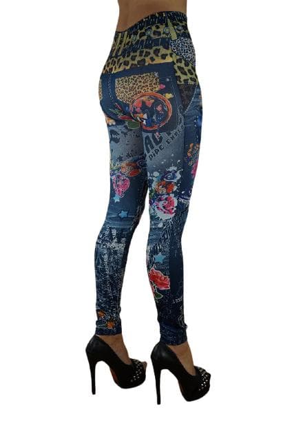 Jeansleggings med tryckt mönster Blå one size