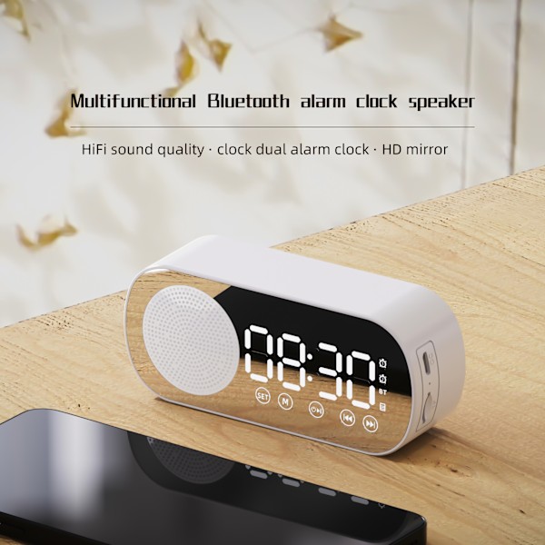 Multifunktionel Smart FM Radio Bluetooth Højttaler Alarmur Spejlur (Hvid)