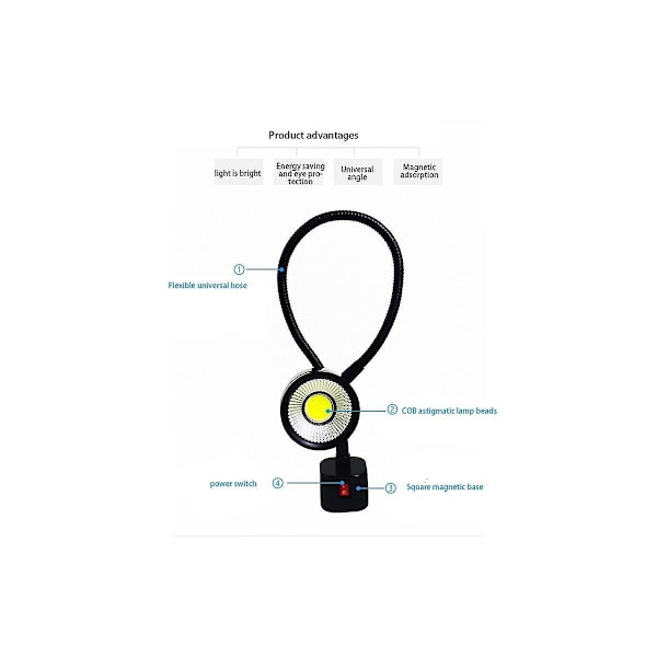 LED arbeidslys med magnetisk base, fleksibel svanehalslampe, 220V 5W for dreiebenk, fresing, borpress, industri