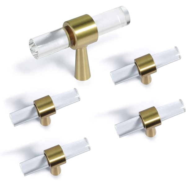 Sæt med 5 Messing Glasskab Knapper T Bar Håndtag Kommode Skuffe Træk Møbler Hardware Gylden (Klar)
