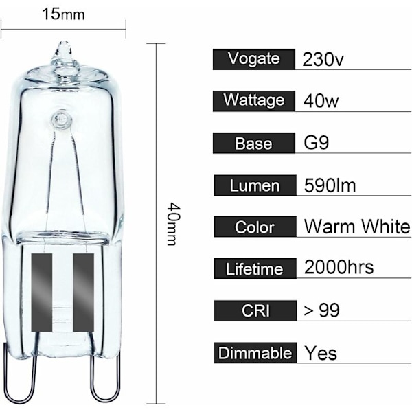 G9 lampa för ugn Halogen G9 Ugn 40W 230V Lampa med tolerans på 300°C 2-pack-DENUOTOP